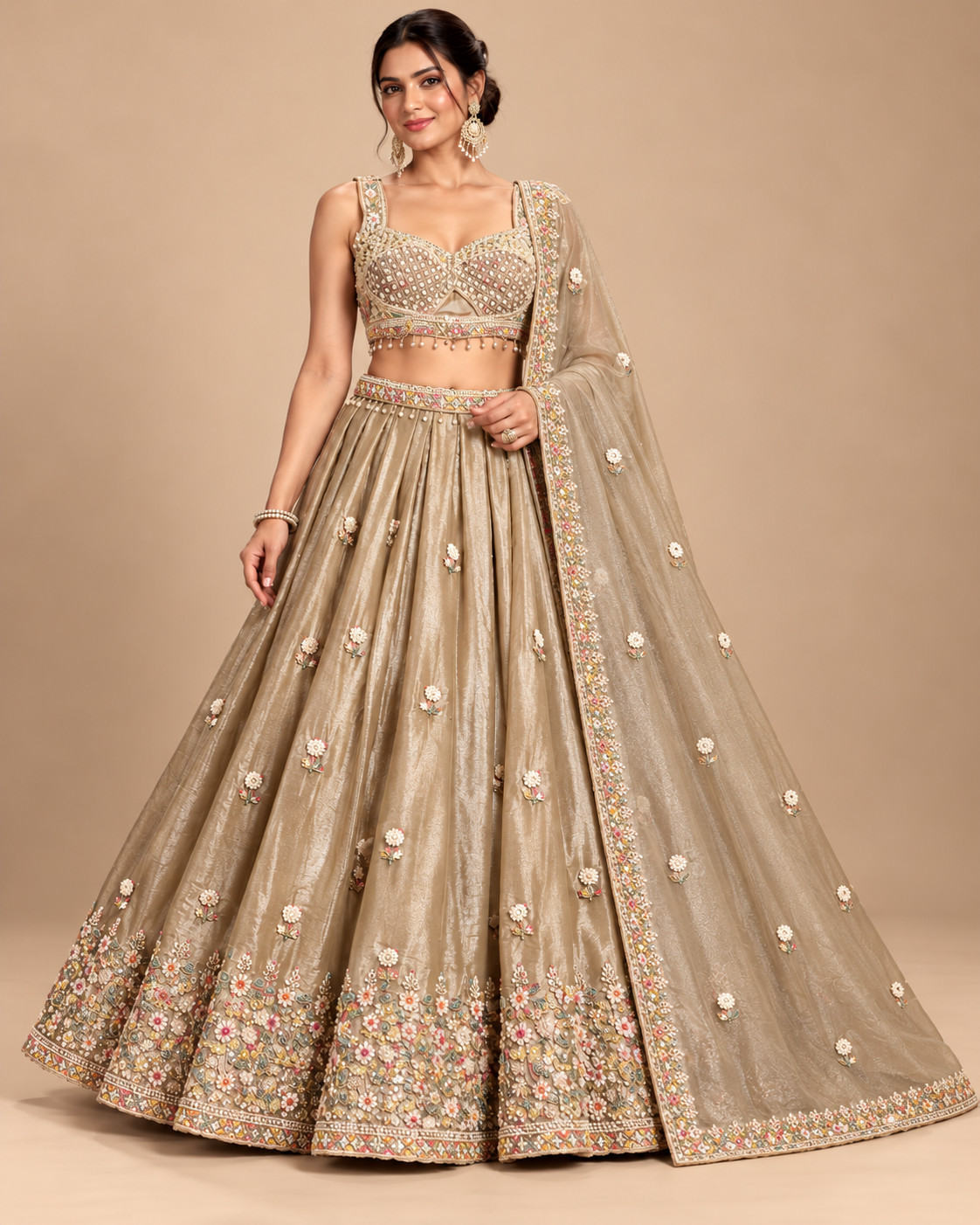 Champagne Gold Tissue Floral Embroidered Lehenga Set Main image