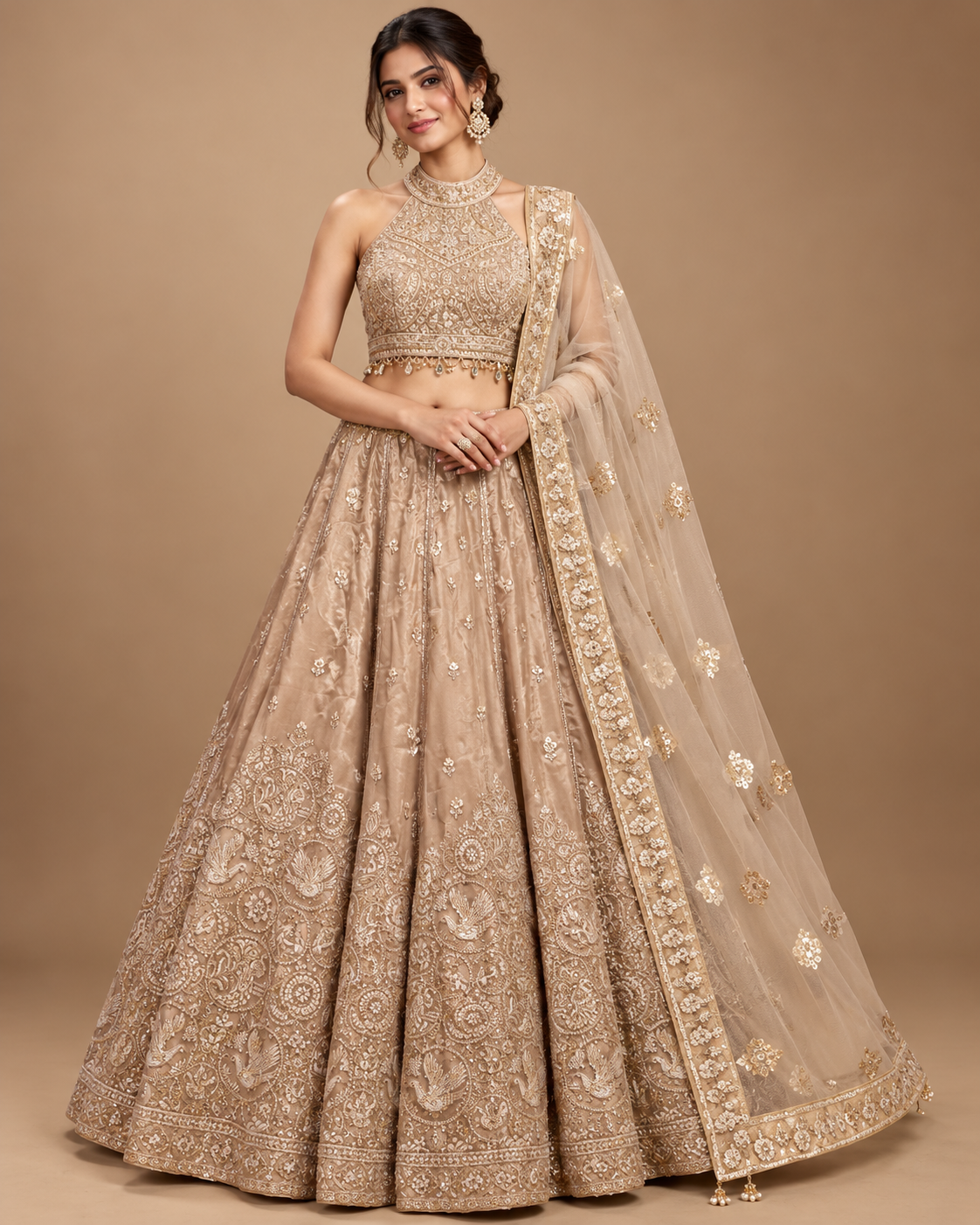 Champagne Gold Halter Embroidered Lehenga Set