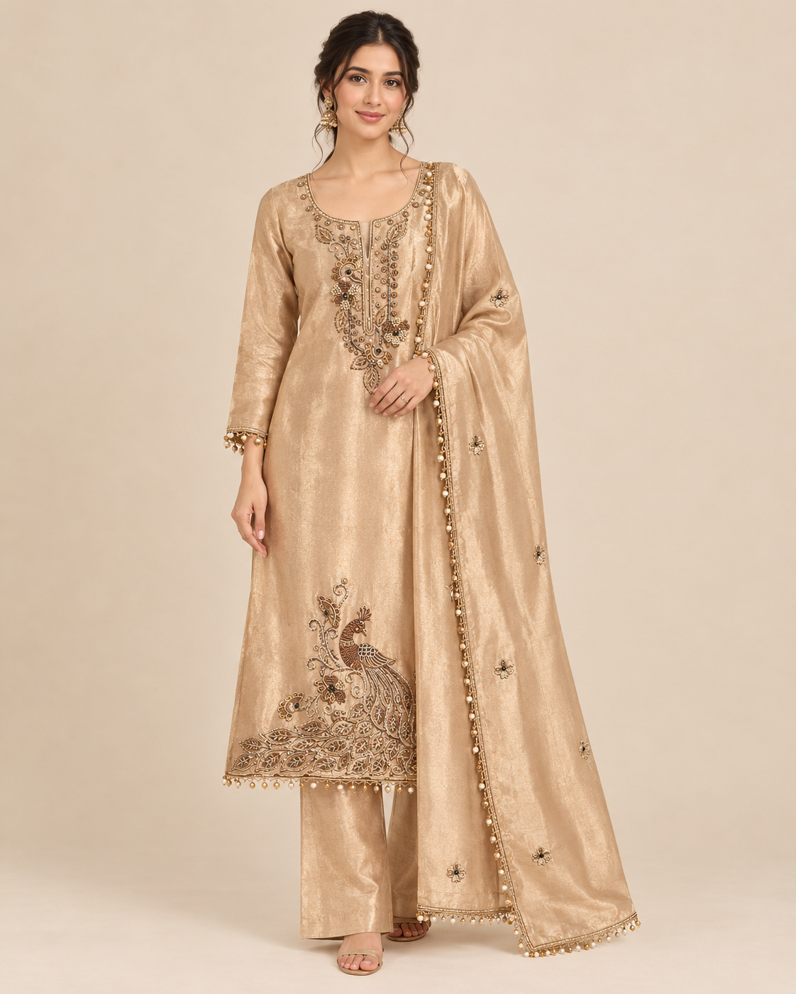 Royal Champagne Gold Peacock Embroidered Suit