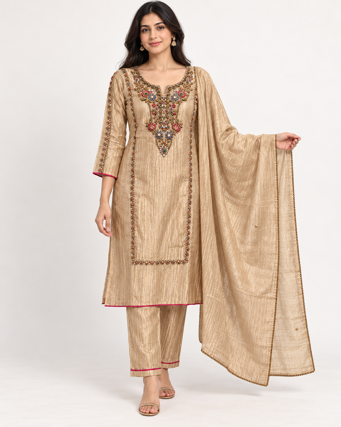 Gold Multicolour Embroidered Suit Set