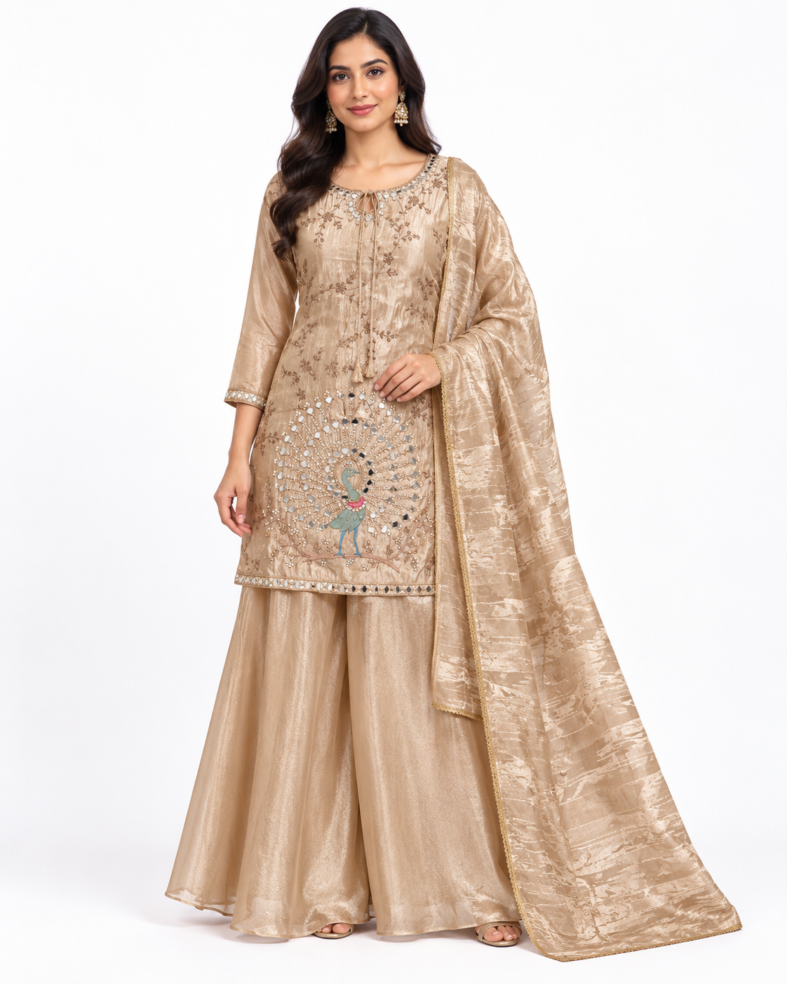 Champagne Peacock Embroidered Sharara Set