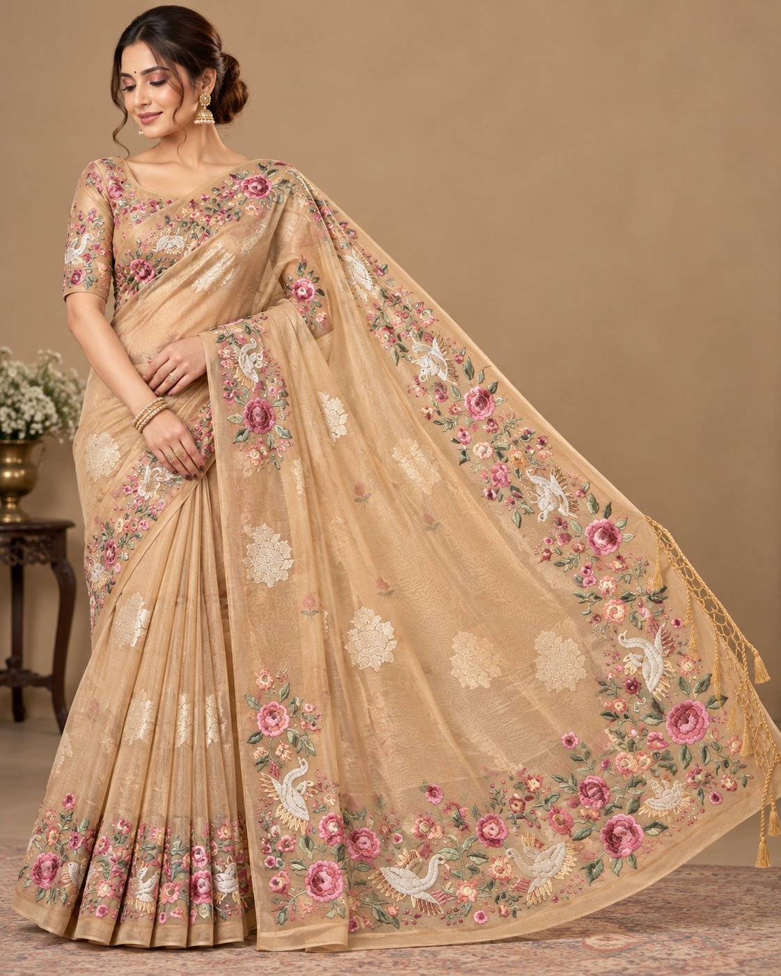 Champagne Gold Organza Floral Bird Embroidered Saree