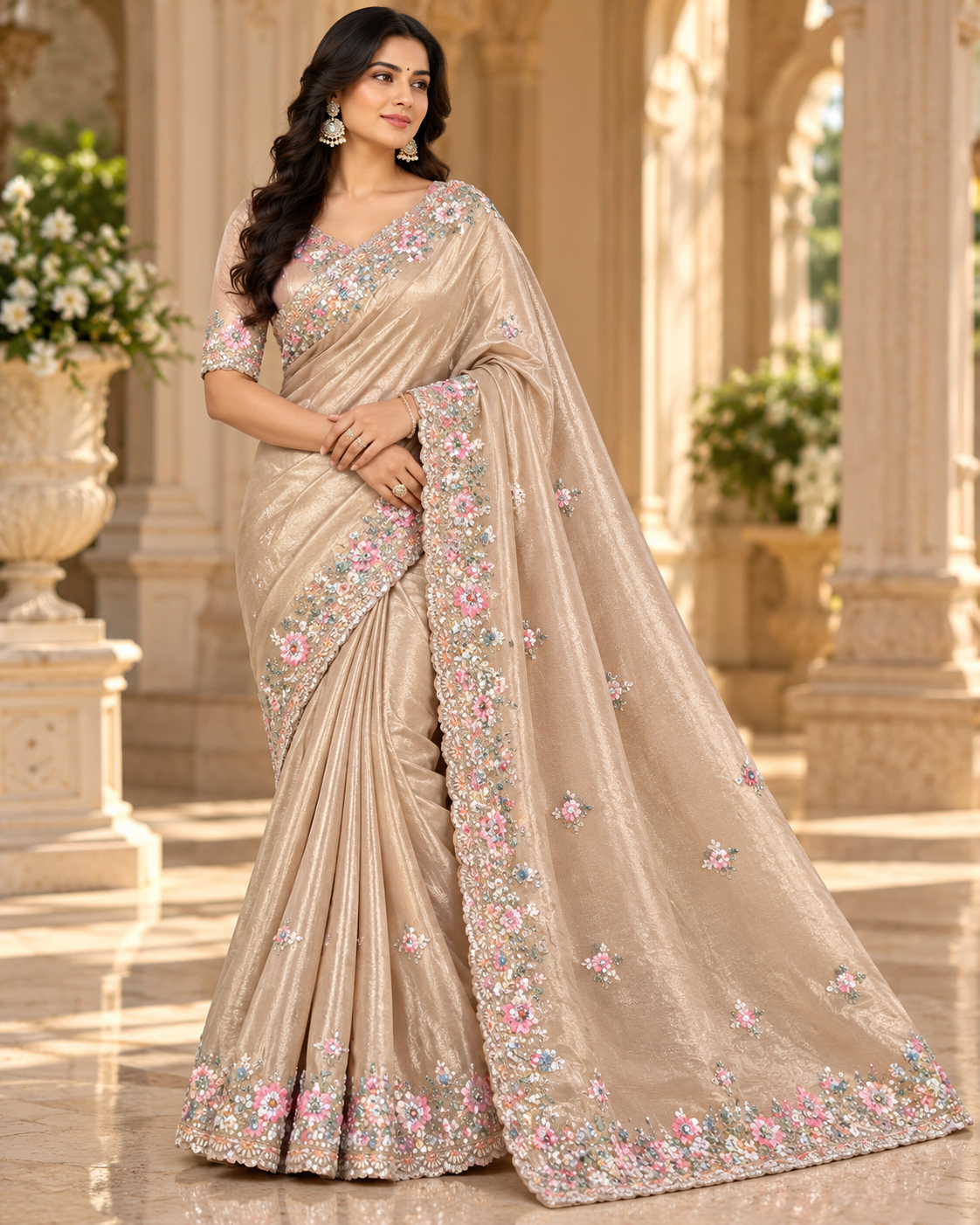 Champagne Gold Floral Embroidered Tissue Saree