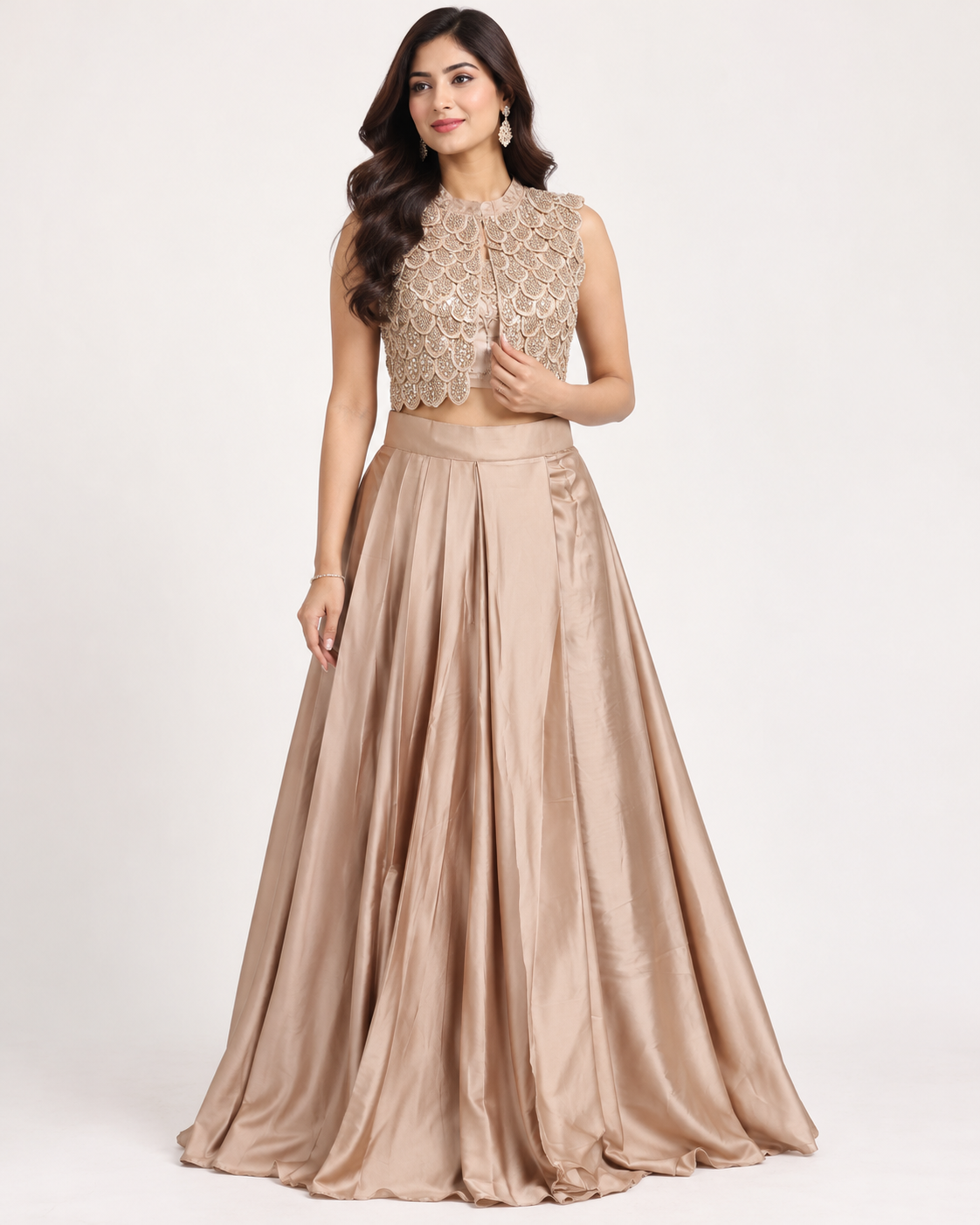 Elegant Chikoo Embellished Designer Lehenga Set