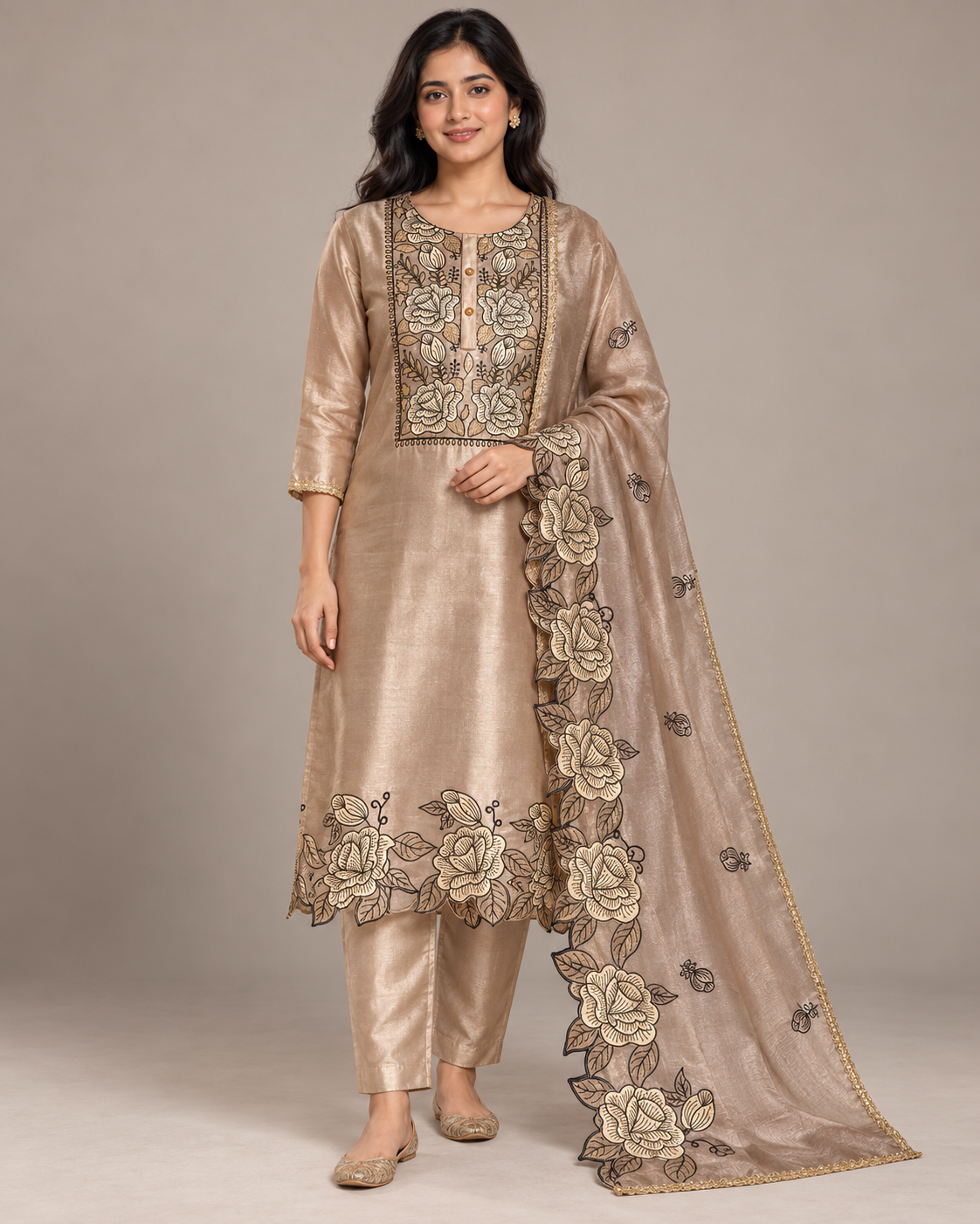 Champagne Floral Embroidered Kurta Set