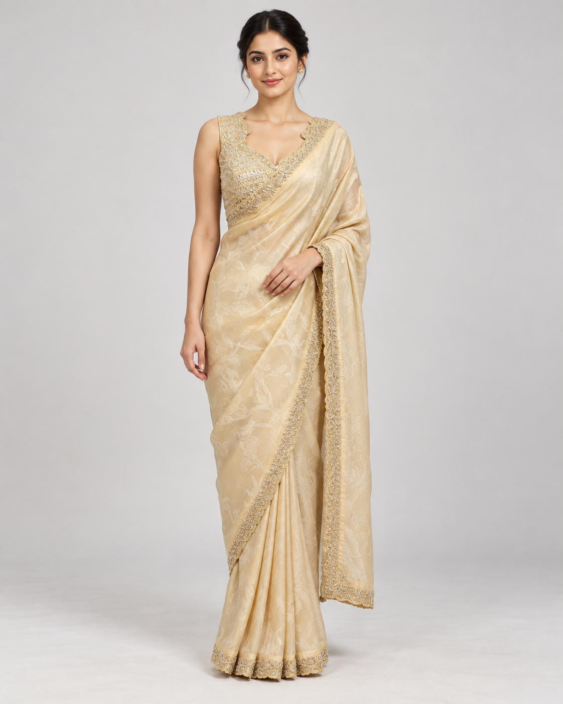 Cream Floral Saree with Embellished Border Main image