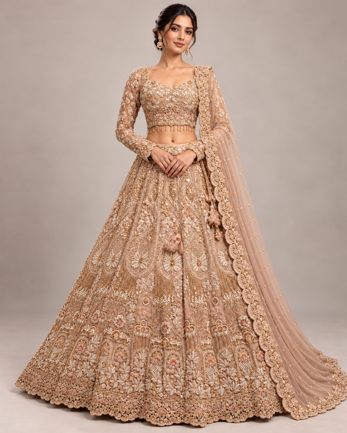 Champagne Peach Floral Embroidered Lehenga