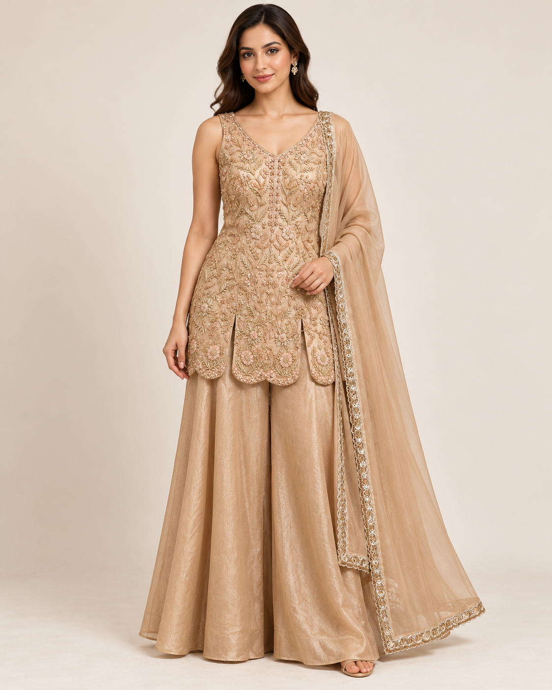 Champagne Floral Embroidered Palazzo Suit Set
