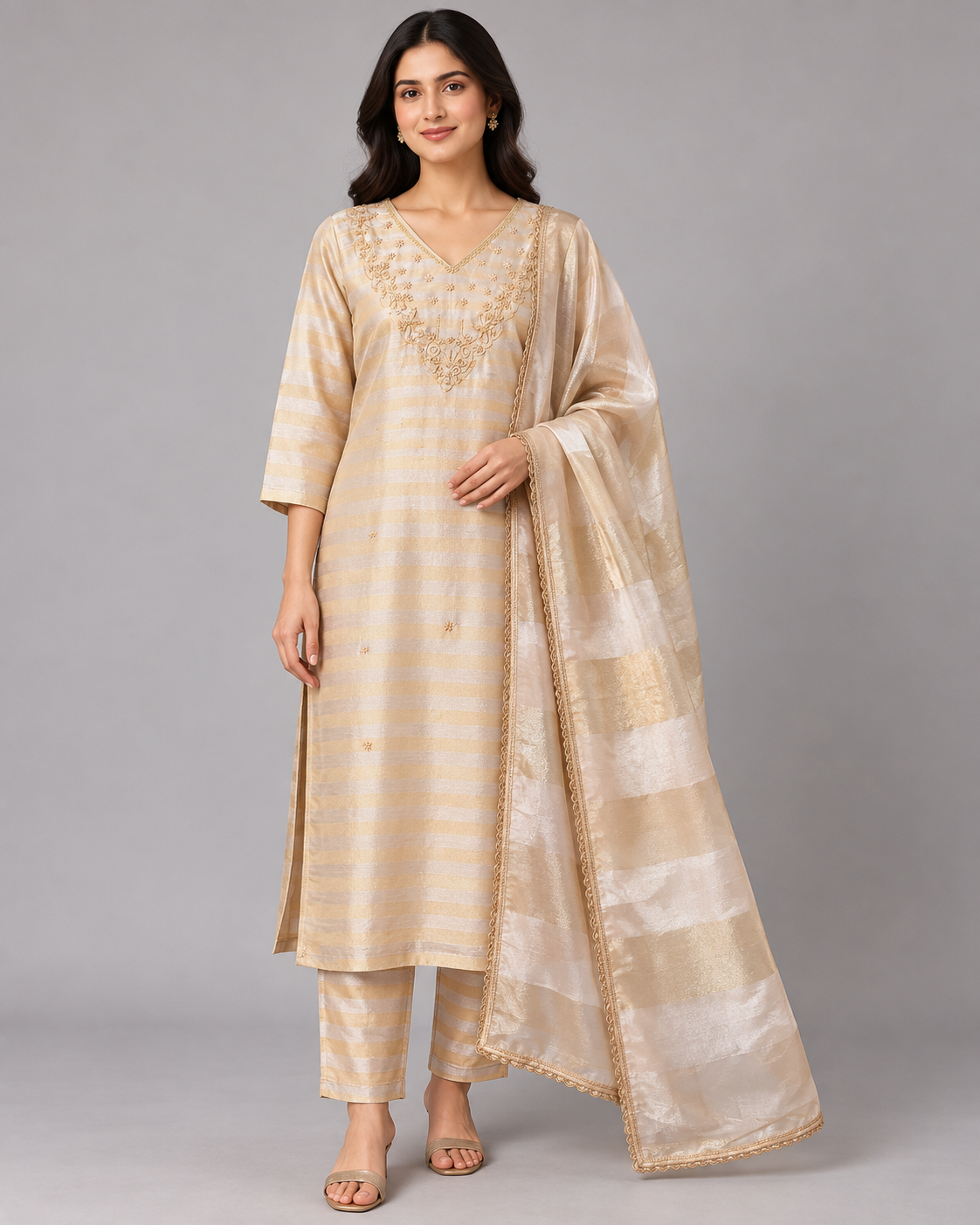 Champagne Embroidered Kurti Pant Set with Dupatta Main image
