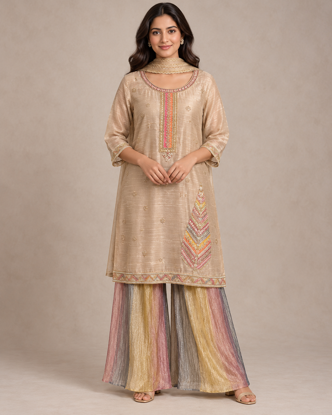 Champagne Embroidered Kurta Multicolour Palazzo Set