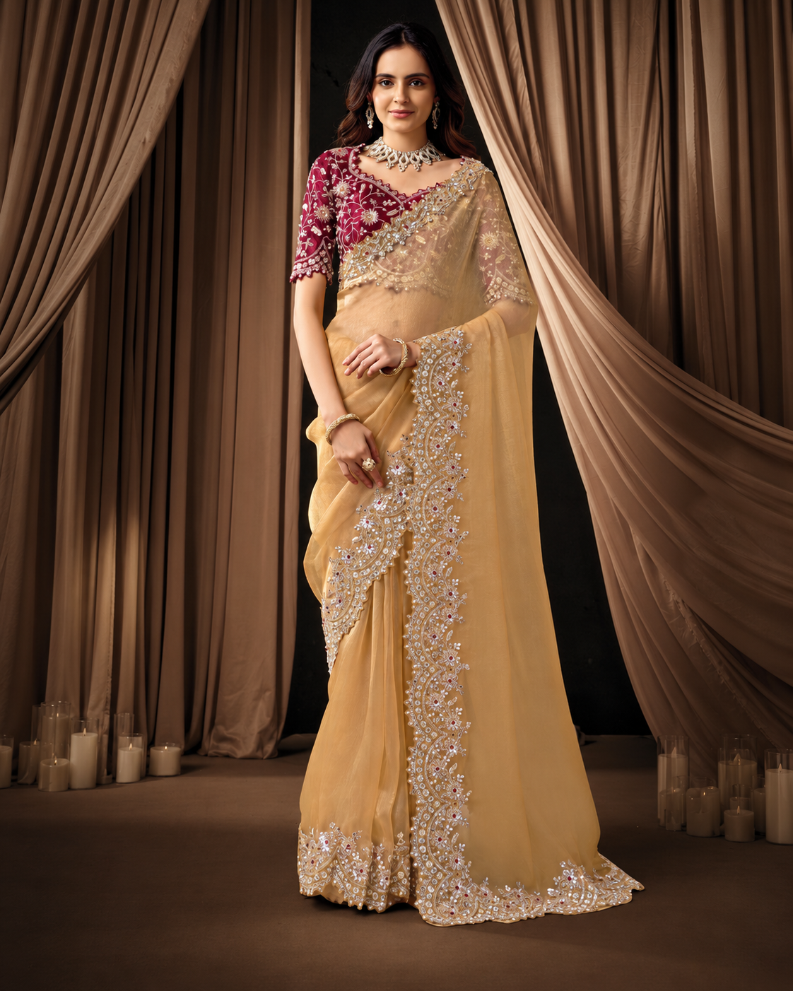 Golden Organza Tissue Saree with Pearl and Stone Handwork