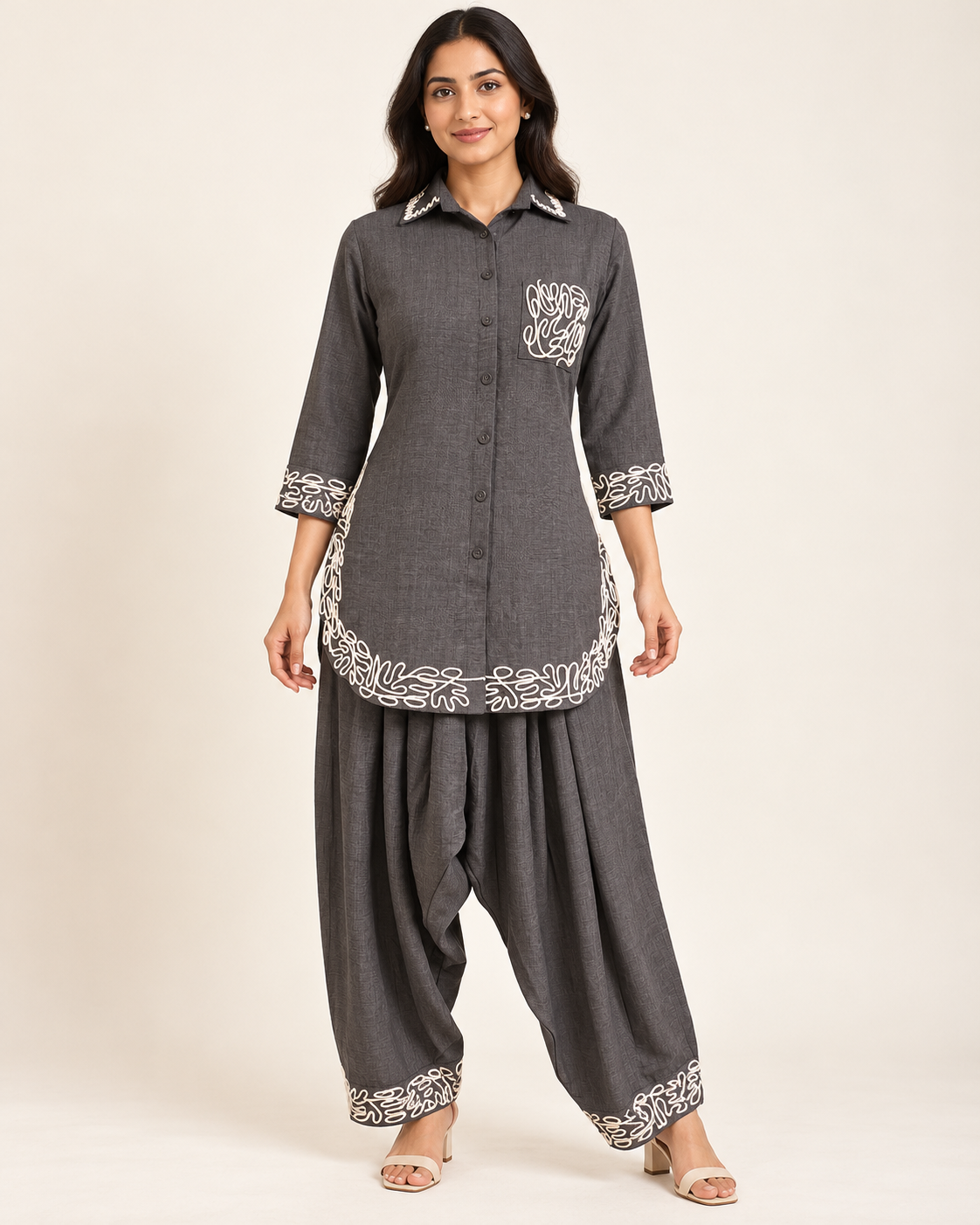 Charcoal Grey Embroidered Tunic Dhoti Set