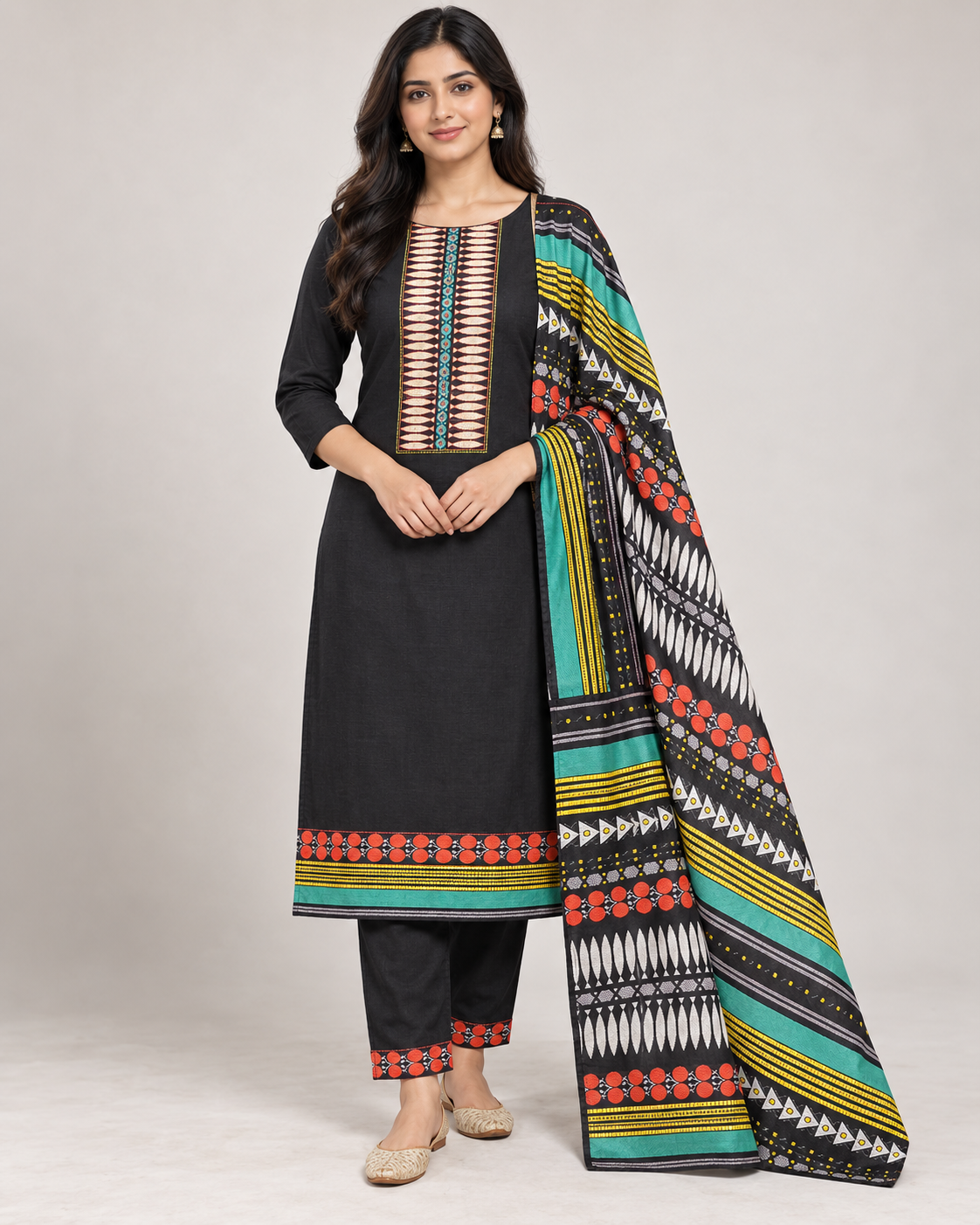 Charcoal Black Suit Fabric with Multicolour Geometric Printed Dupatta