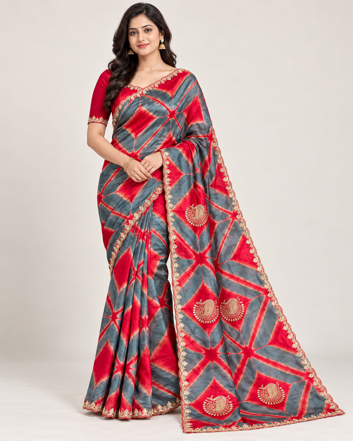 Red Grey Tie-Dye Saree