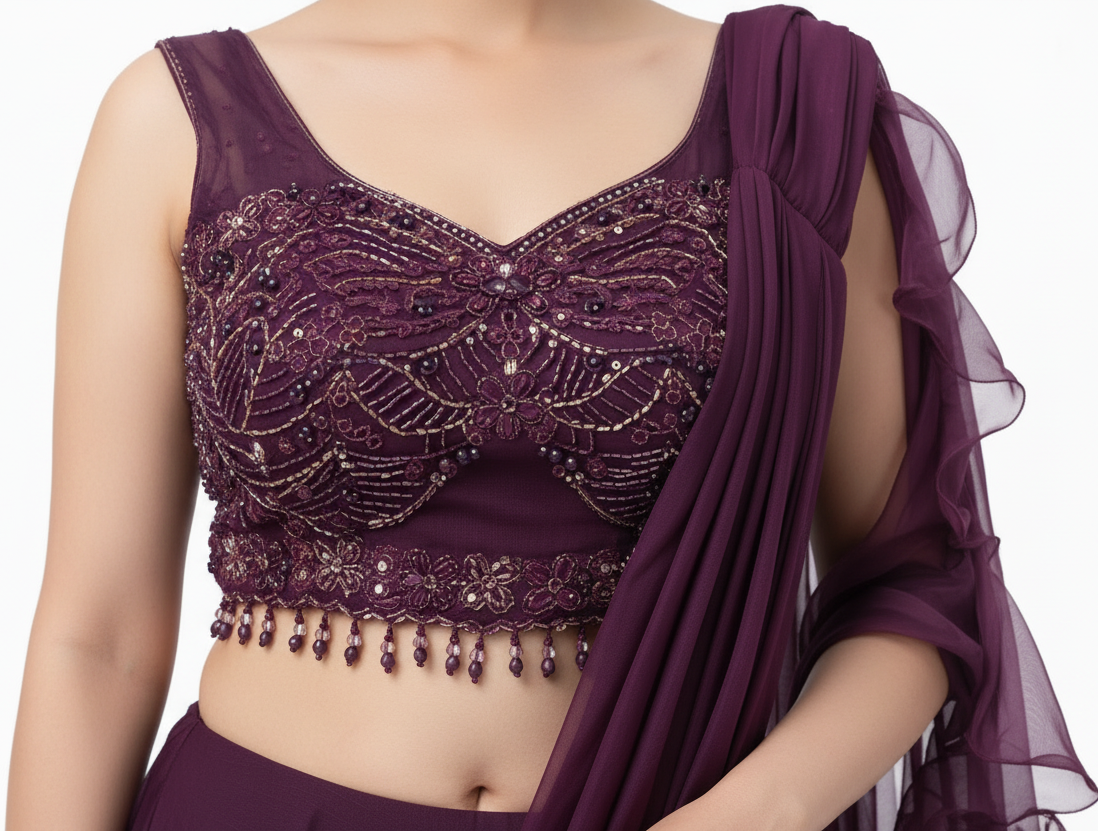 Midnight Plum Ruffled Drape Lehenga Set