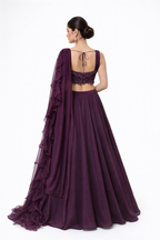 Midnight Plum Ruffled Drape Lehenga Set
