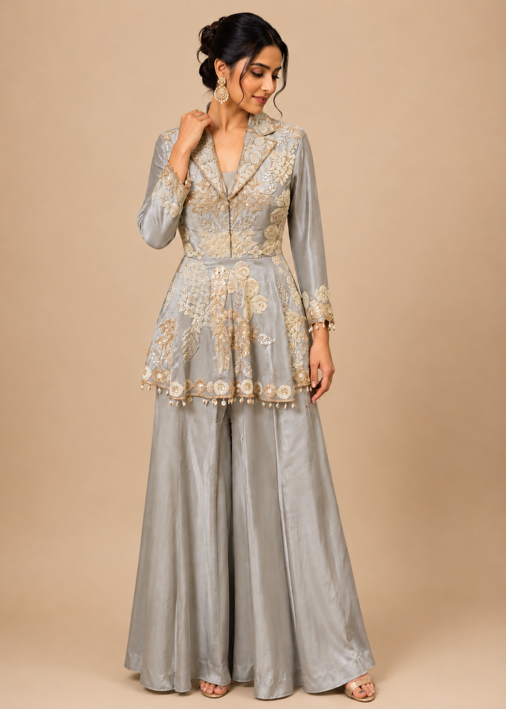 Designer Grey Silk Peplum Sharara Set