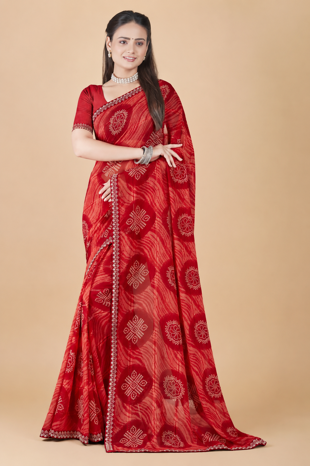 Crimson Red Leheriya Print Georgette Saree Main image