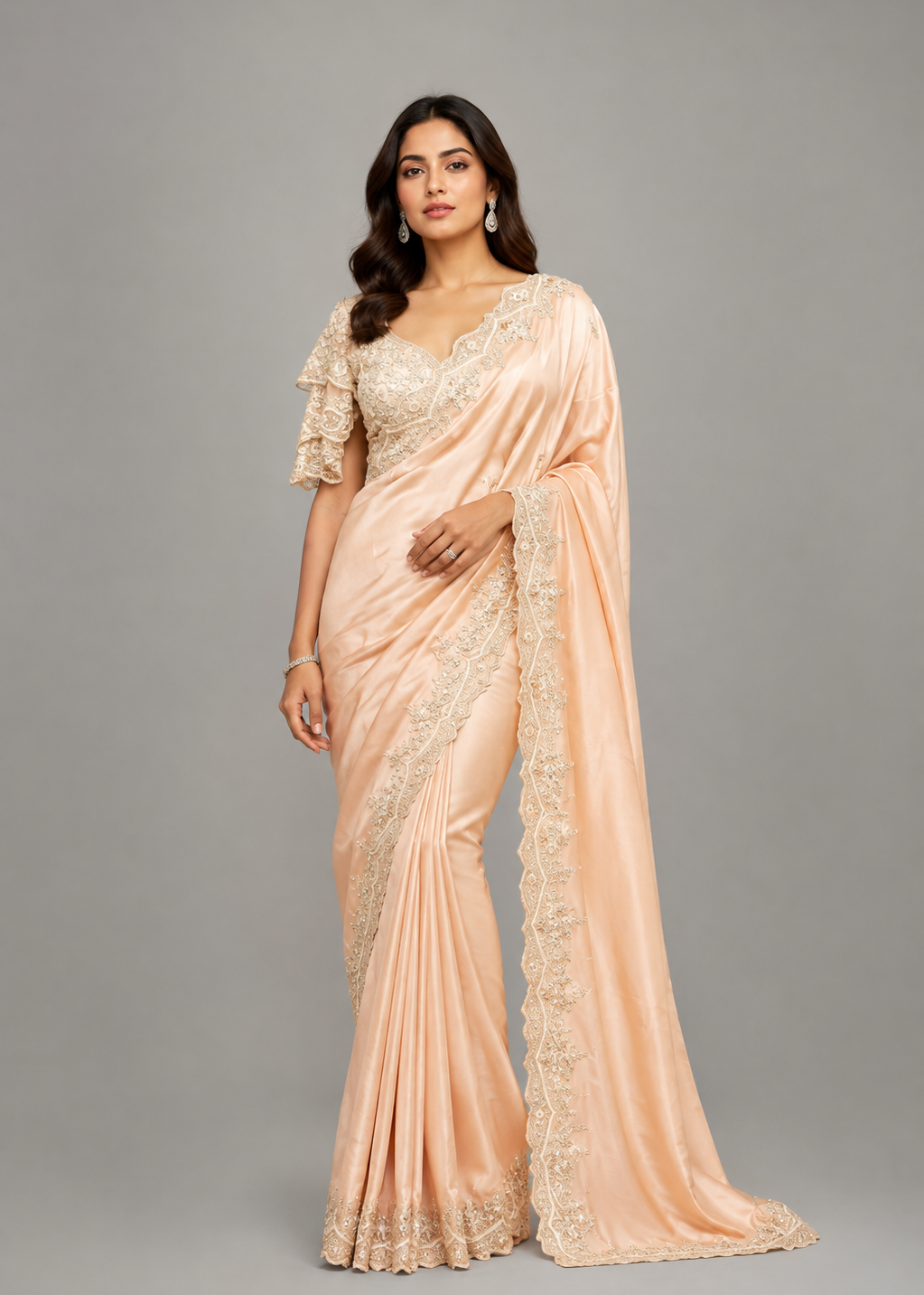 Scalloped Embroidered Satin Saree