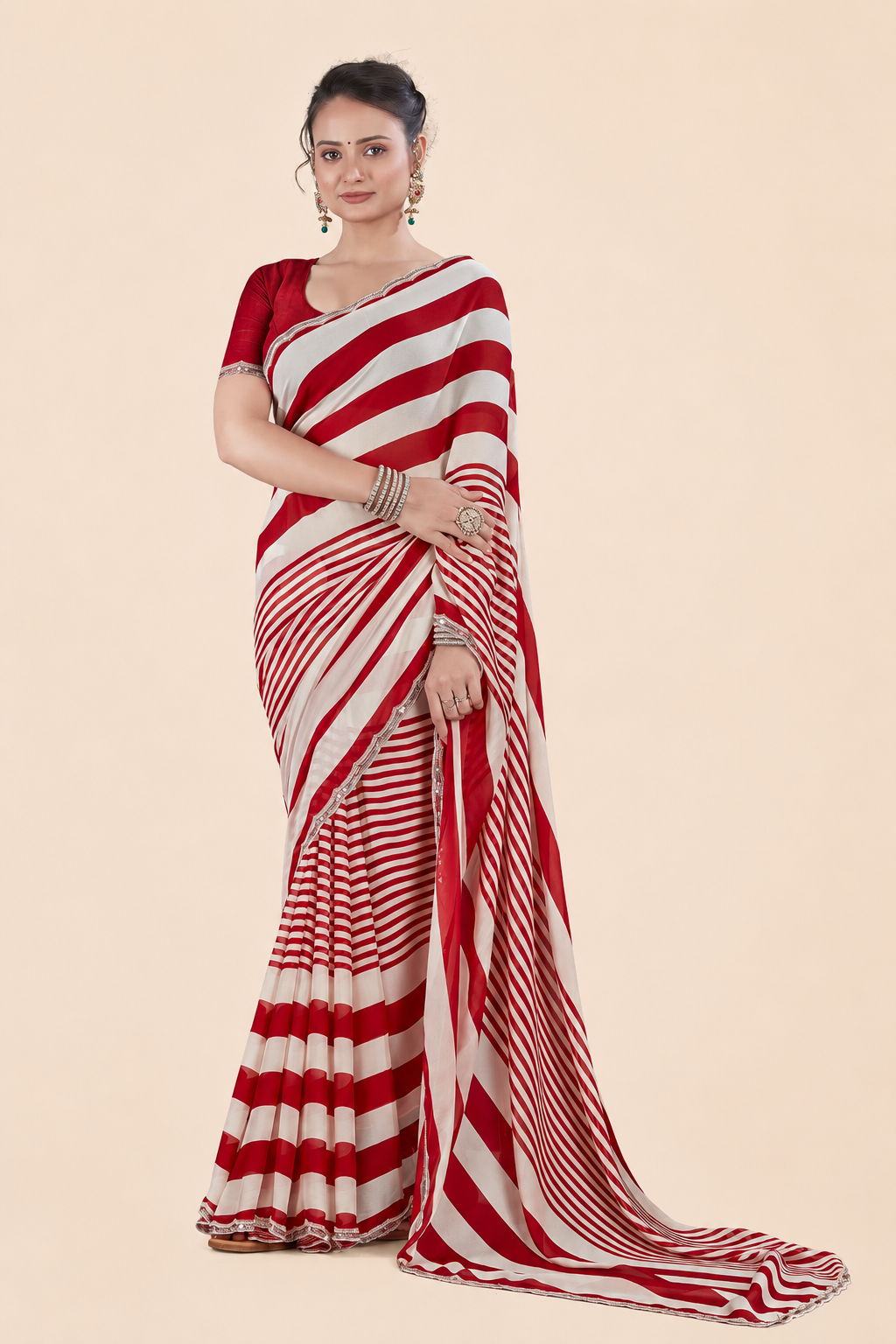 Cream Striped Georgette Saree