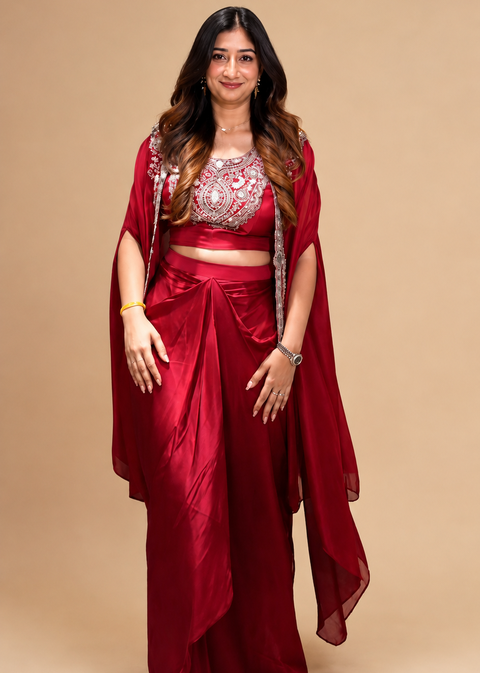 Crimson Red Draped Dhoti Skirt Set Main image