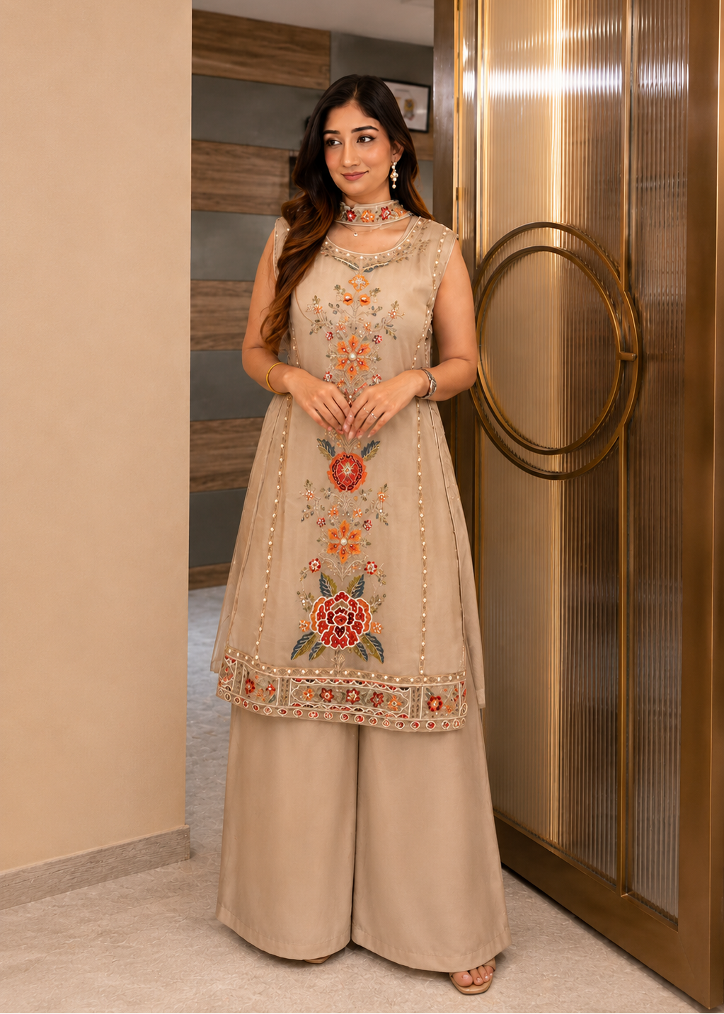 Floral Embroidered Kurta Palazzo Set