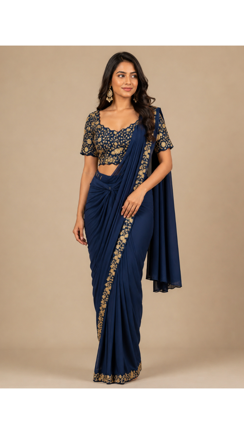 Midnight Black Scalloped Embroidered Saree Set Secondary image