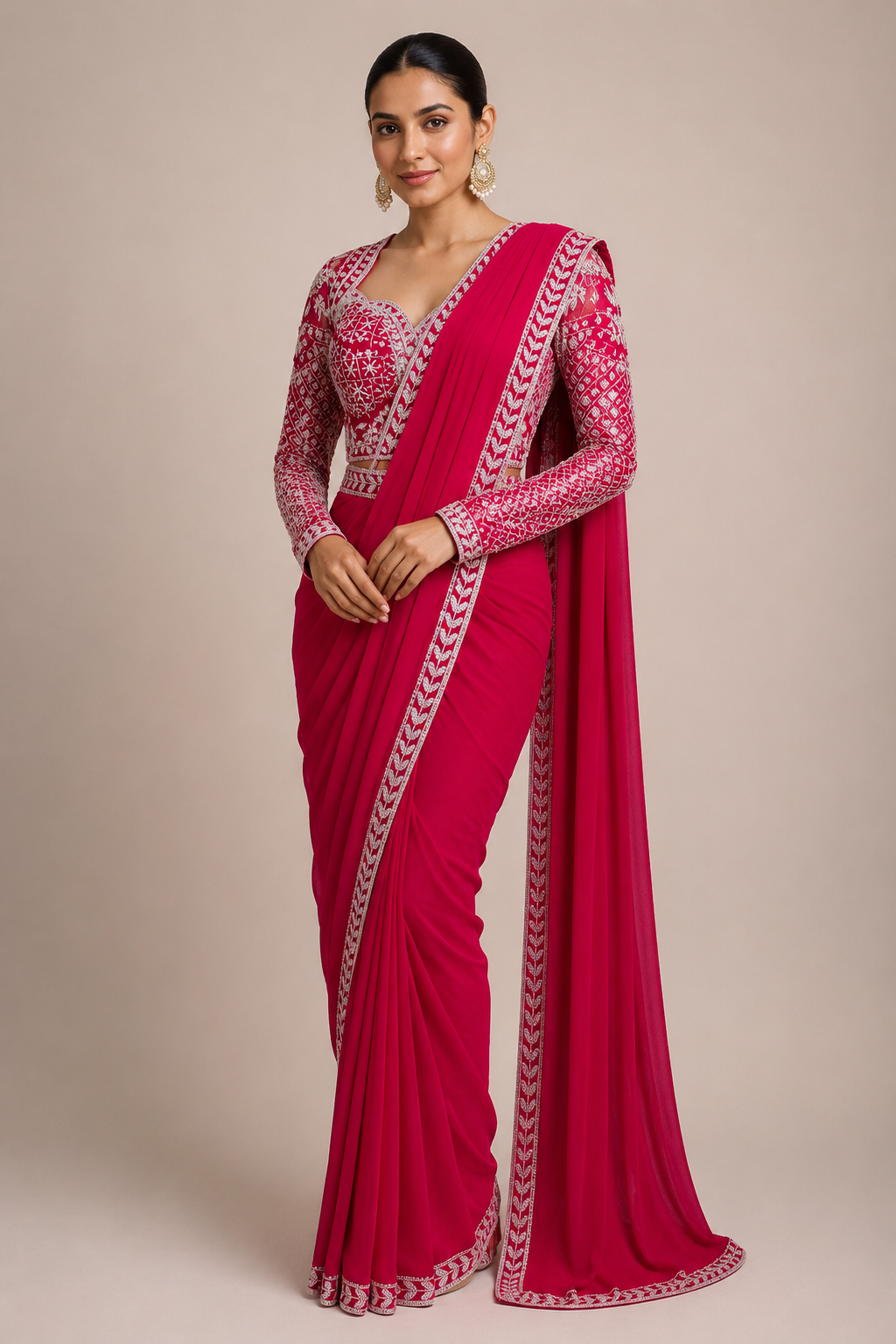 Elegant Rani Pink Ready-to-Wear Drape Saree