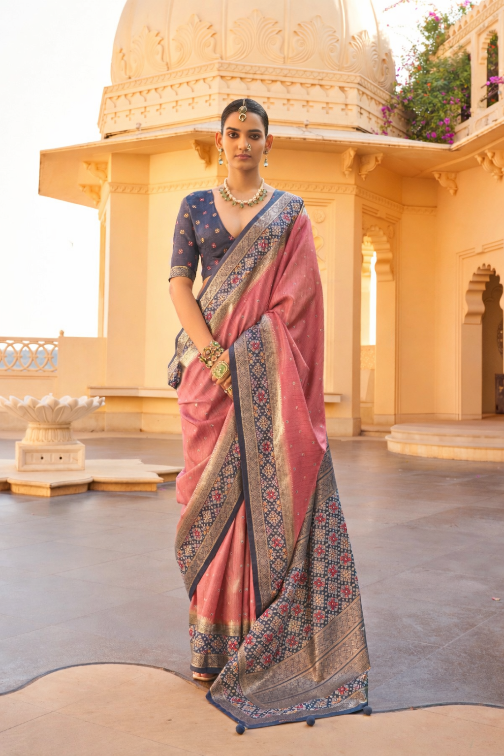 Elegant Rose Pink Designer Silk Saree