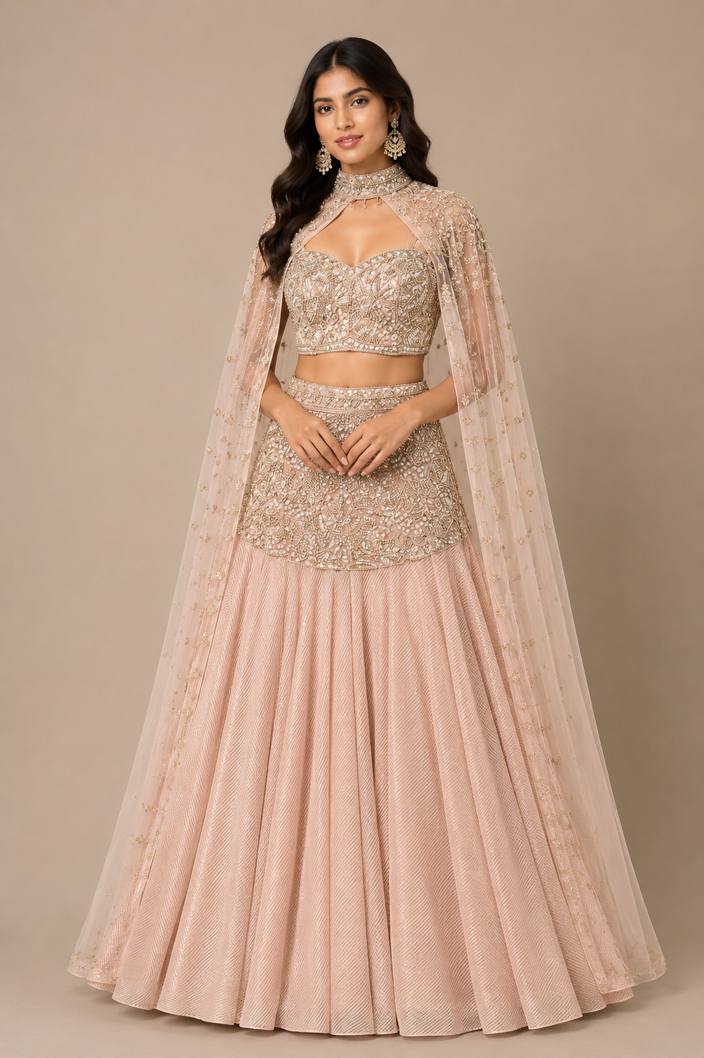 Champagne Blush Net Cape-Style Lehenga Main image