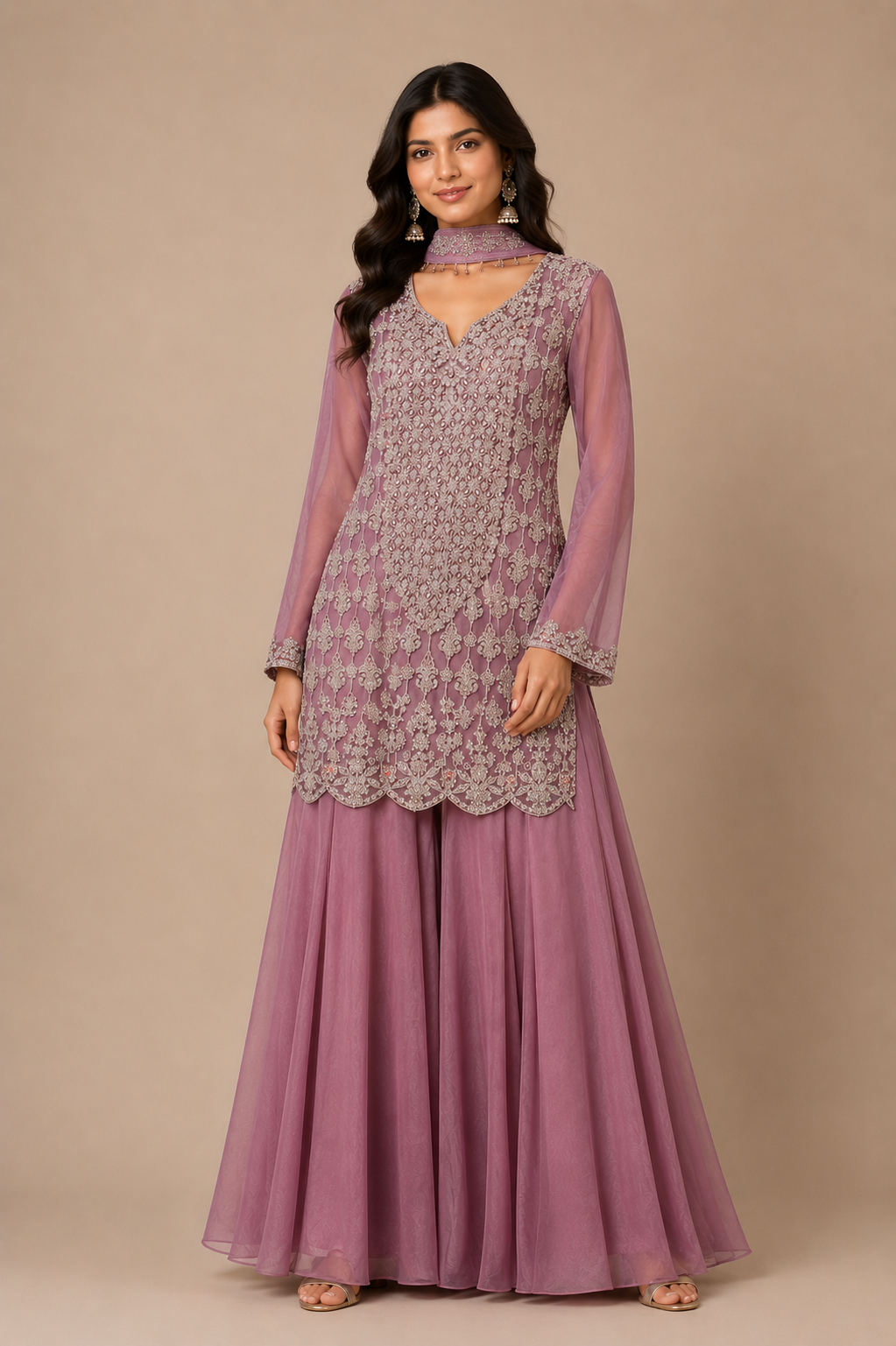 Lavender Embroidered Georgette Sharara Set