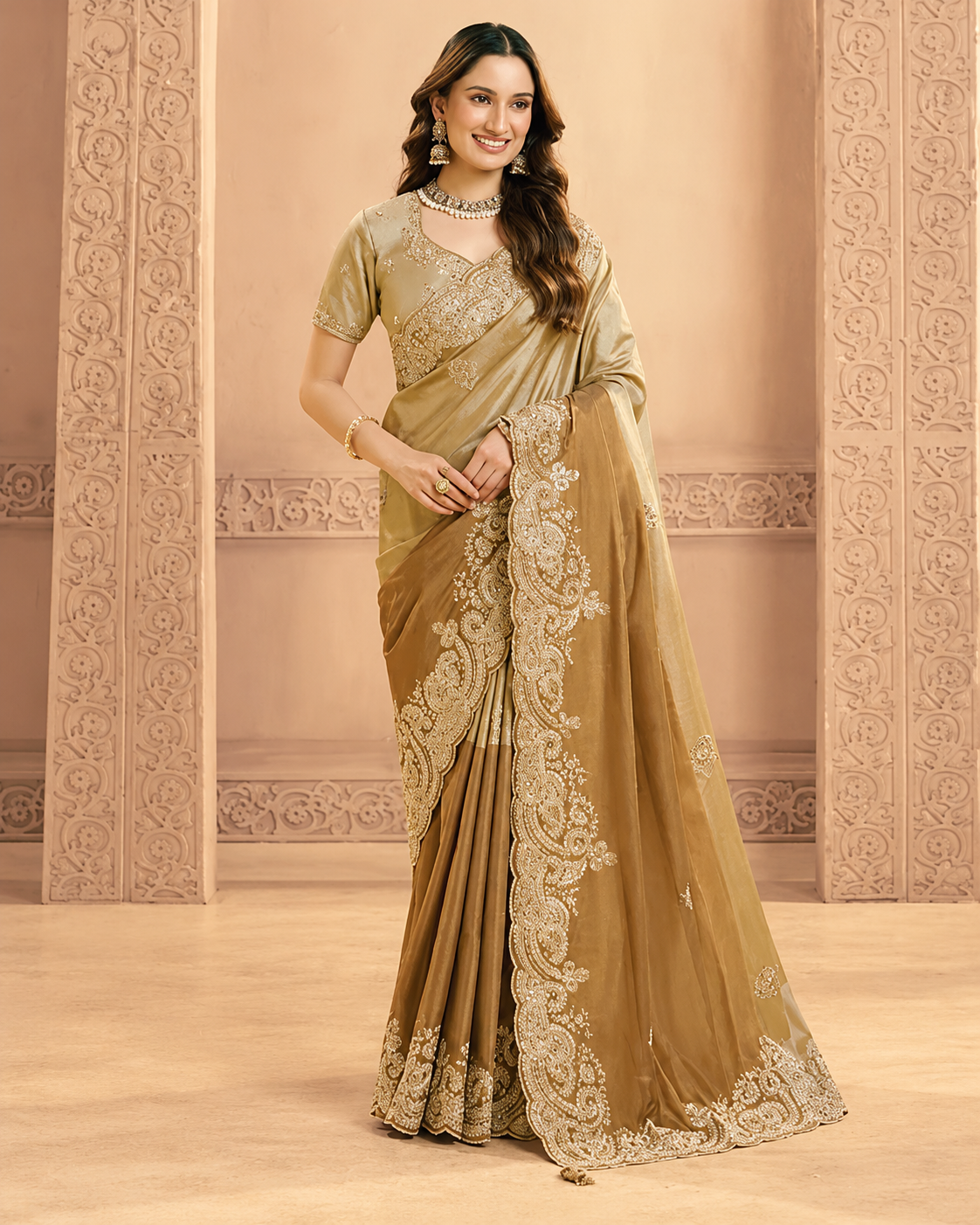 Elegant Antique Gold Designer Saree with Heavy Floral Embroidery Main image