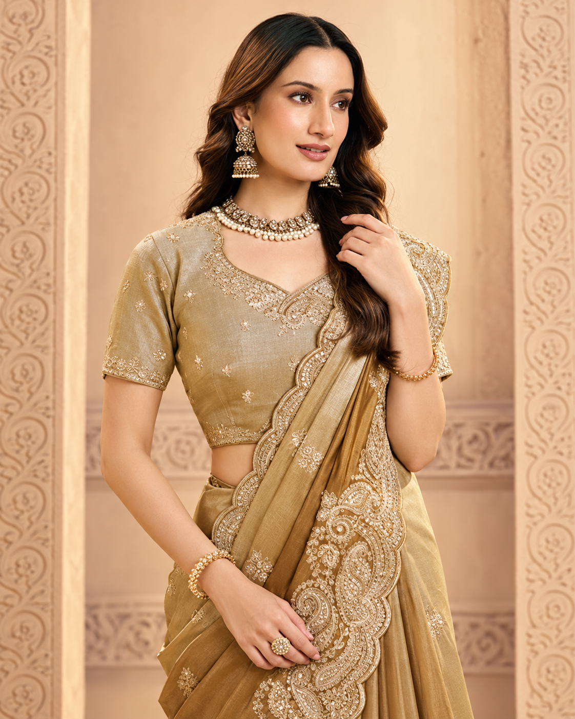 Elegant Antique Gold Designer Saree with Heavy Floral Embroidery