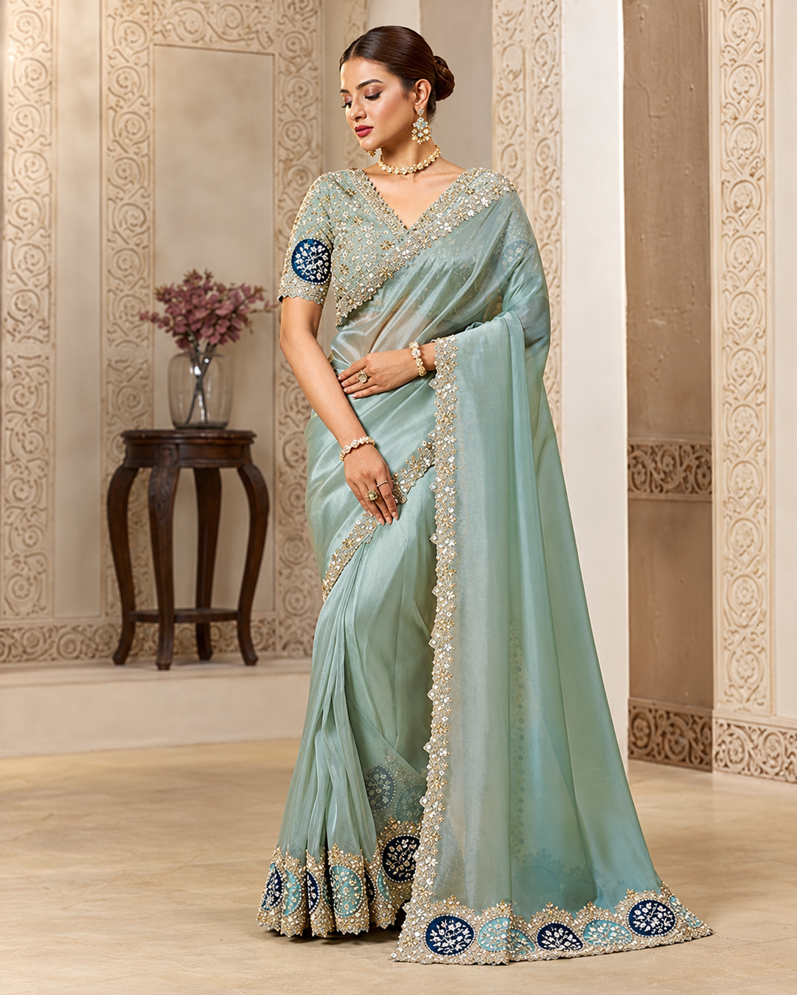 Sea Green Designer Saree with Heavy Silver Embroidery Main image
