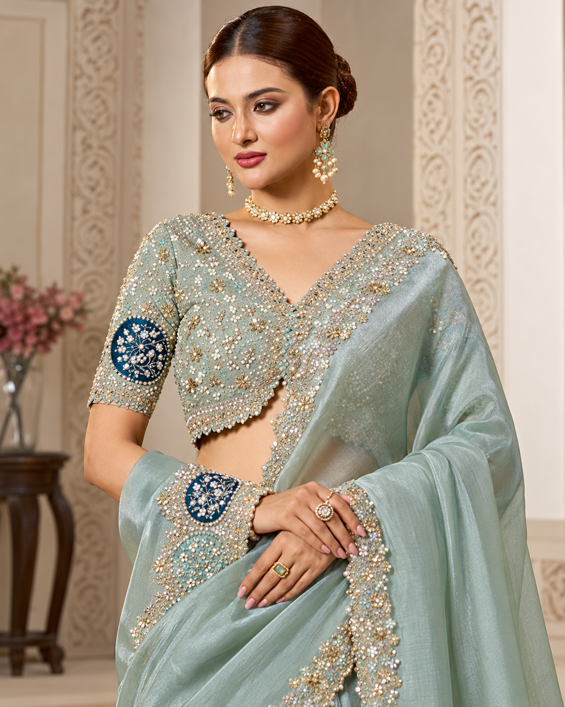 Sea Green Designer Saree with Heavy Silver Embroidery Secondary image
