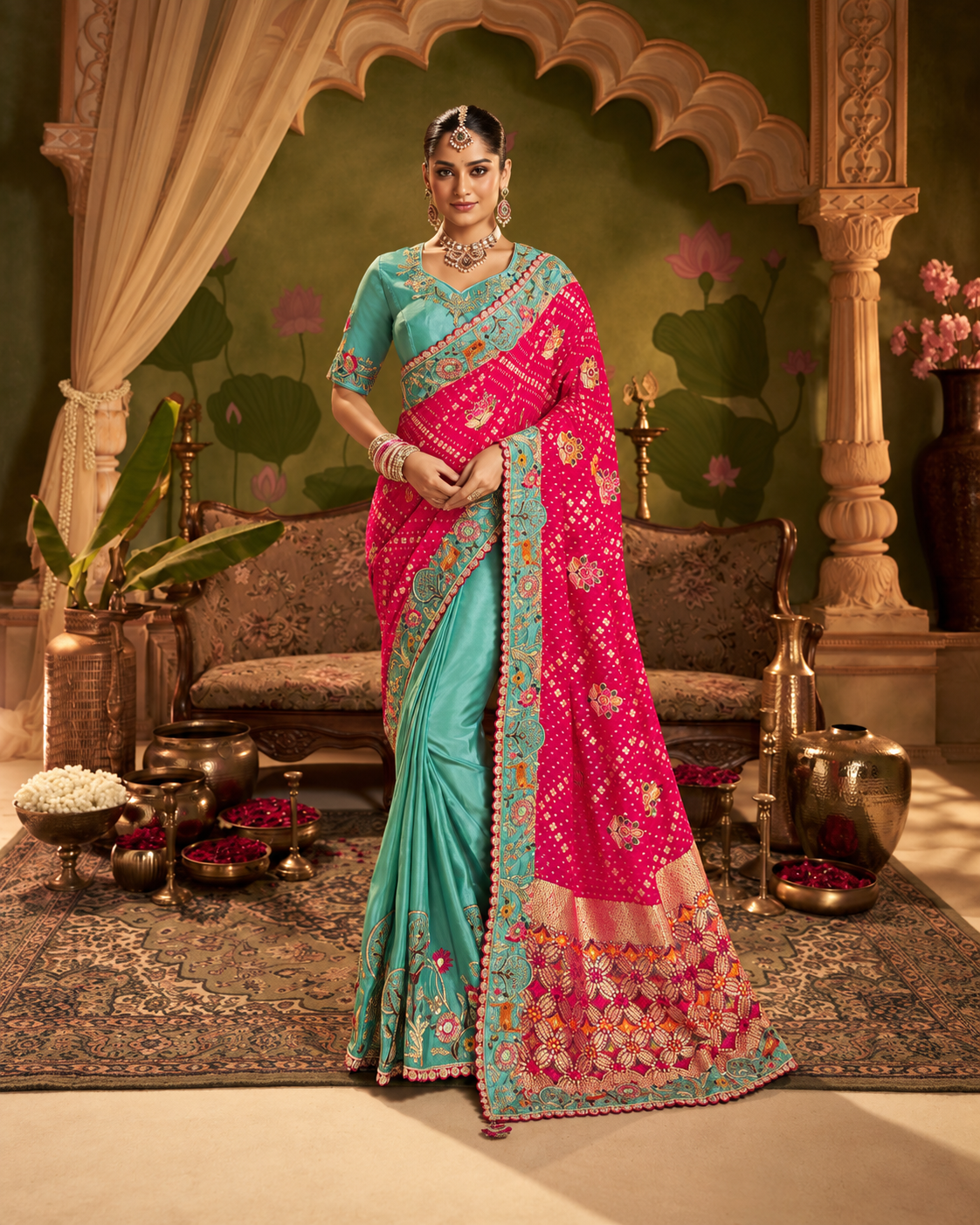 Royal Rani Pink & Sea Green Designer Saree with Multicolour Embroidered Border Main image