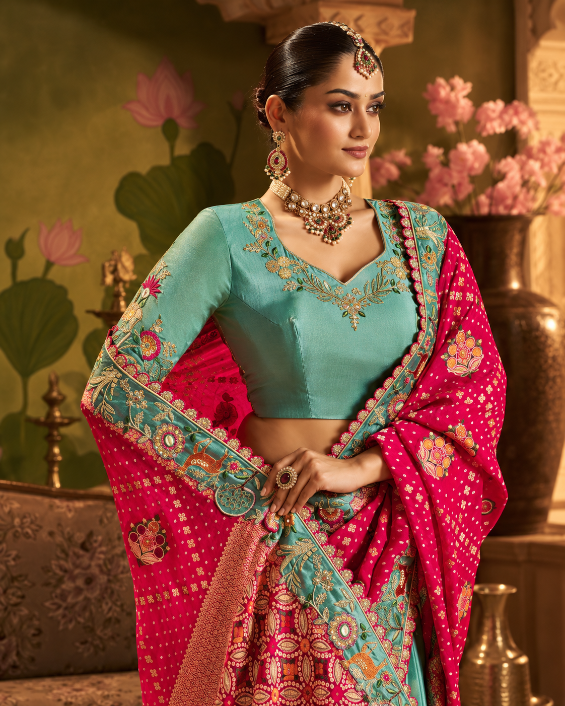 Royal Rani Pink & Sea Green Designer Saree with Multicolour Embroidered Border Secondary image