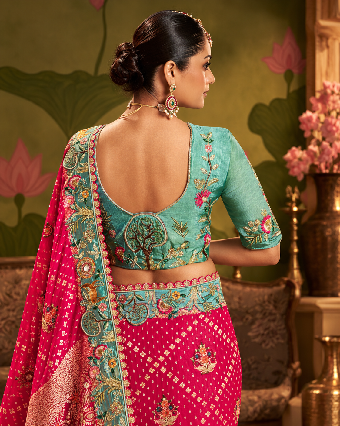 Royal Rani Pink & Sea Green Designer Saree with Multicolour Embroidered Border