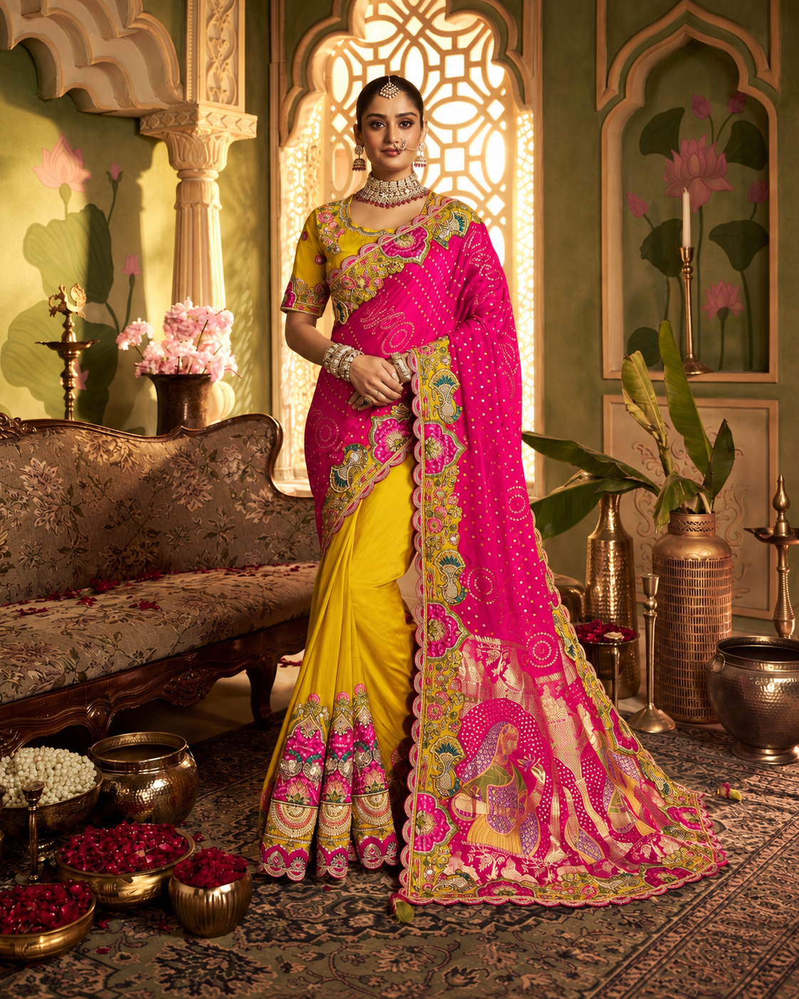 Rani Pink & Mustard Yellow Designer Saree with Heavy Multicolour Embroidered Border Main image