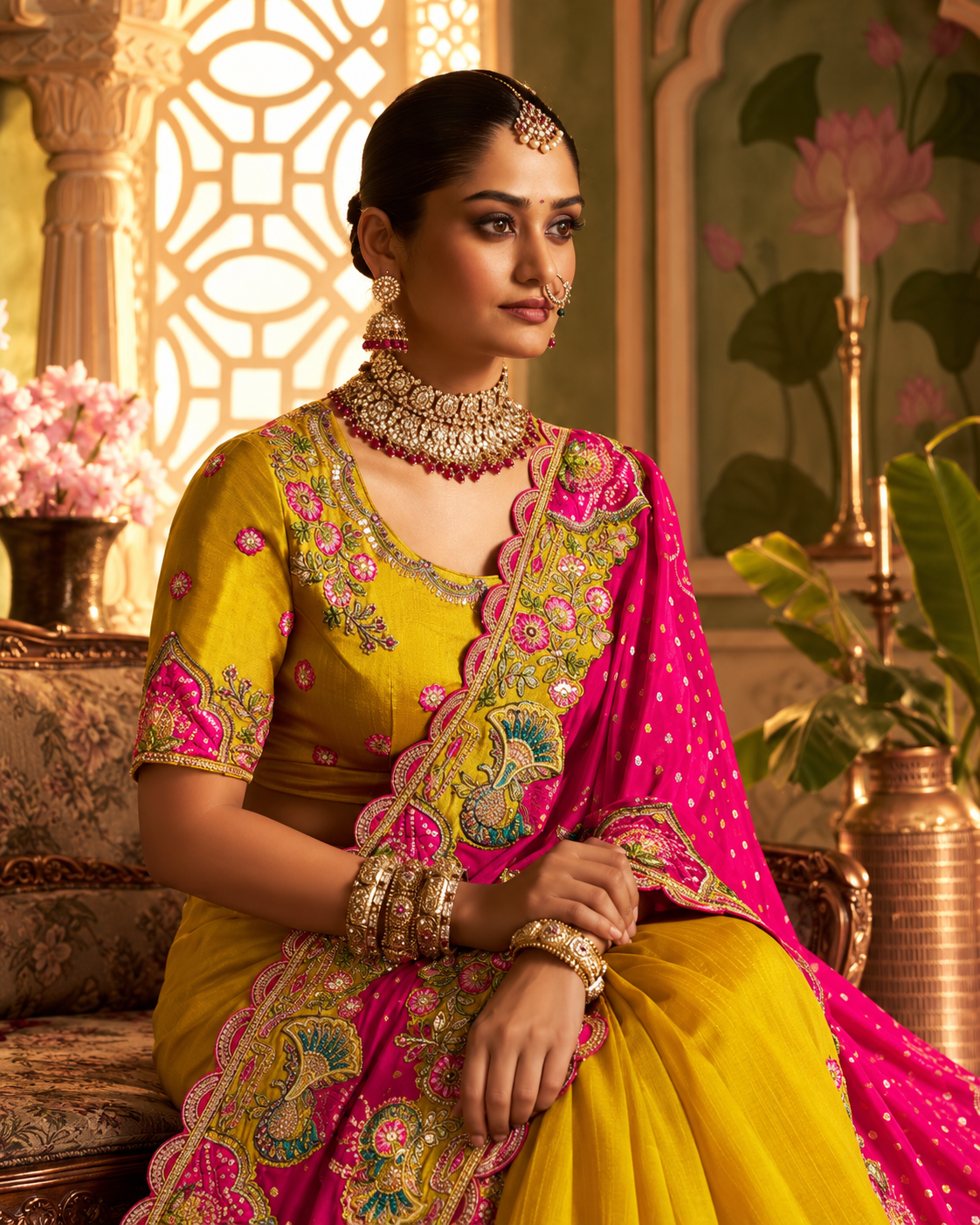Rani Pink & Mustard Yellow Designer Saree with Heavy Multicolour Embroidered Border Secondary image