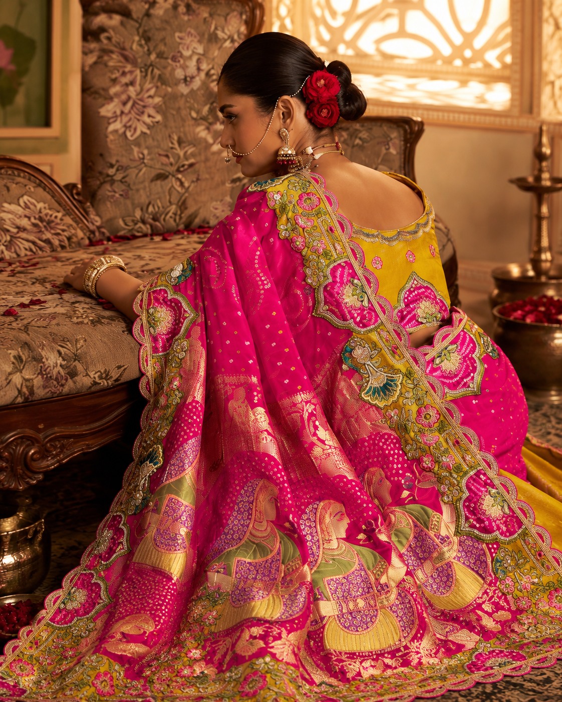 Rani Pink & Mustard Yellow Designer Saree with Heavy Multicolour Embroidered Border