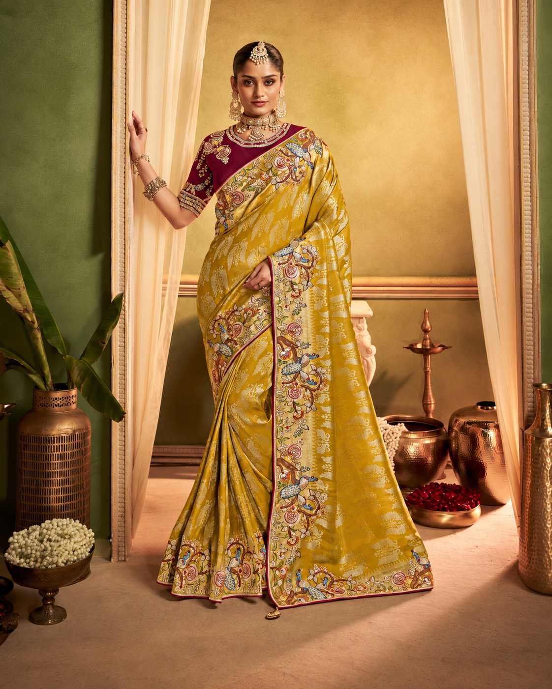Mustard Gold Designer Saree with Multicolour Floral Embroidered Border Main image