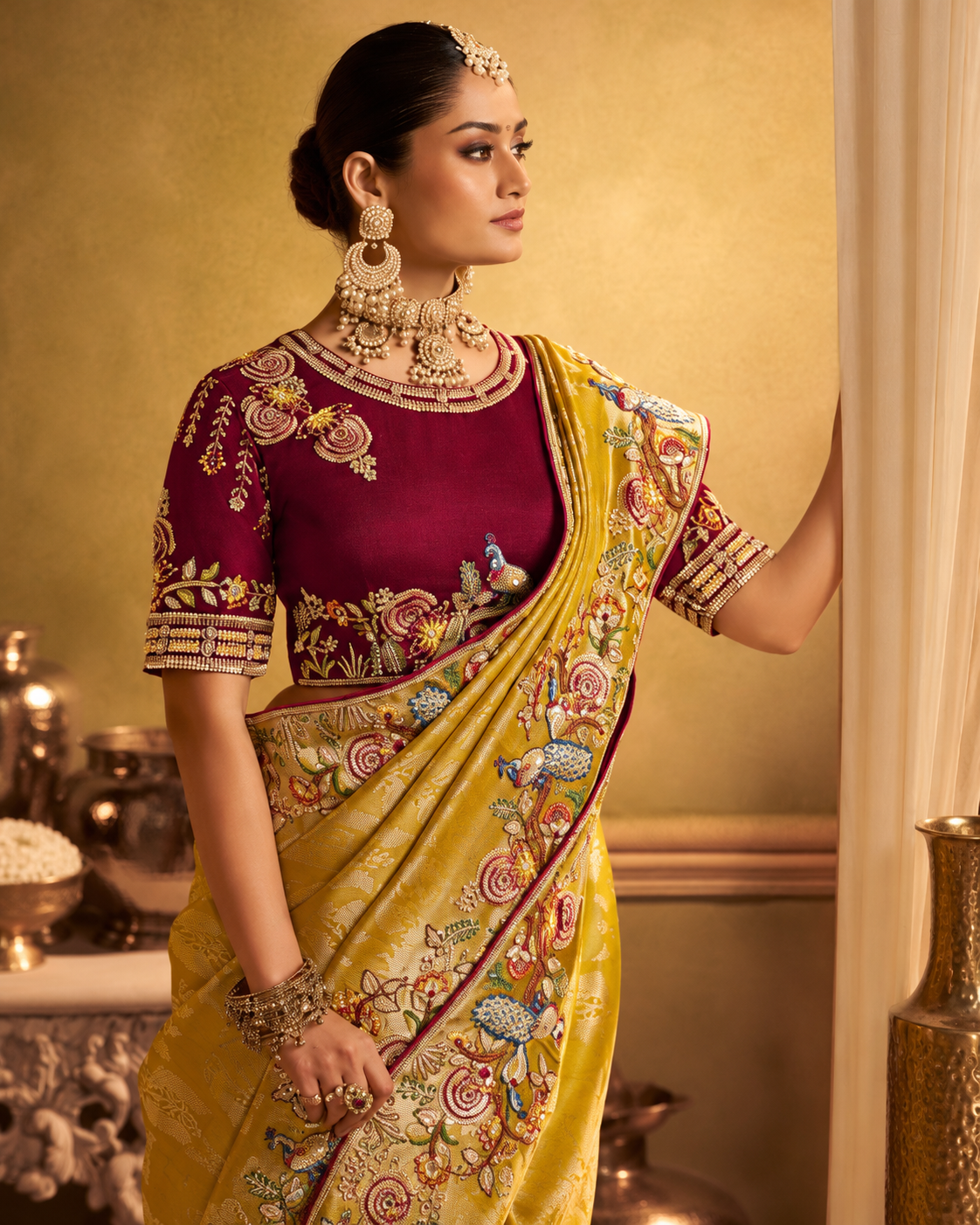 Mustard Gold Designer Saree with Multicolour Floral Embroidered Border Secondary image