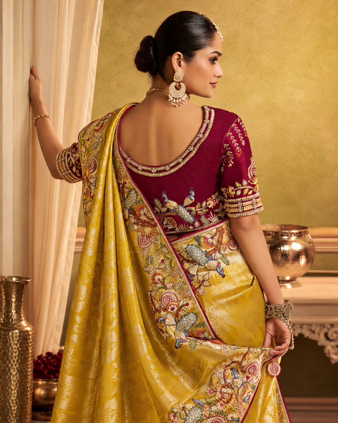 Mustard Gold Designer Saree with Multicolour Floral Embroidered Border