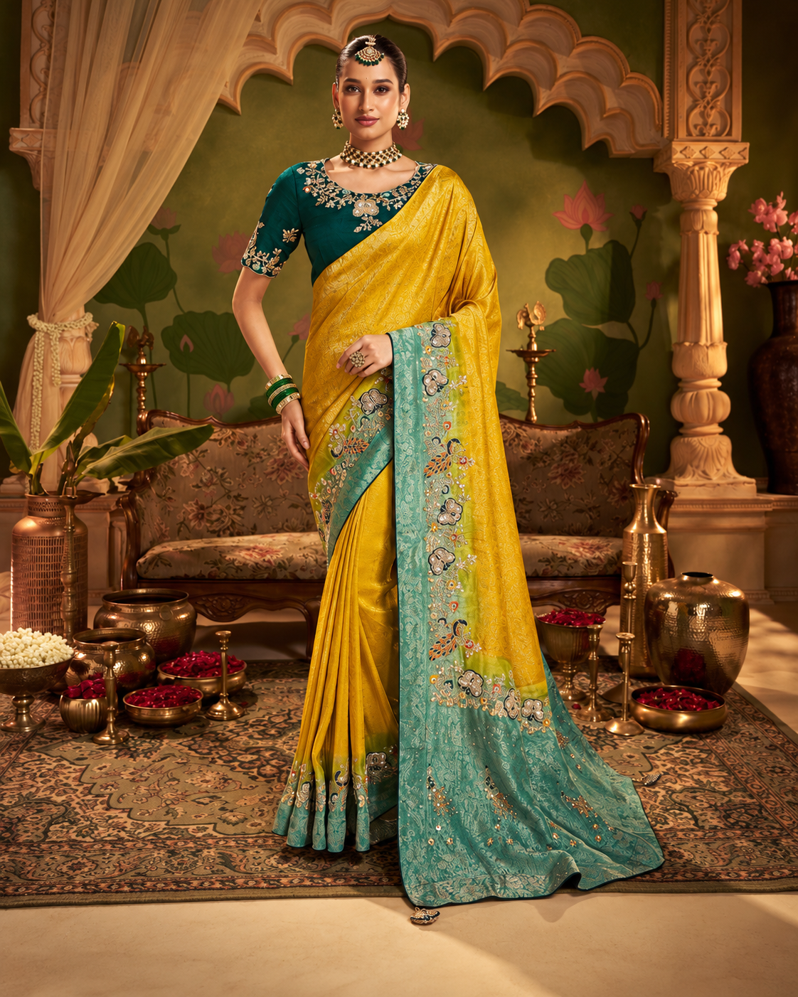 Mustard & Sea Green Designer Saree with Multicolour Peacock Border