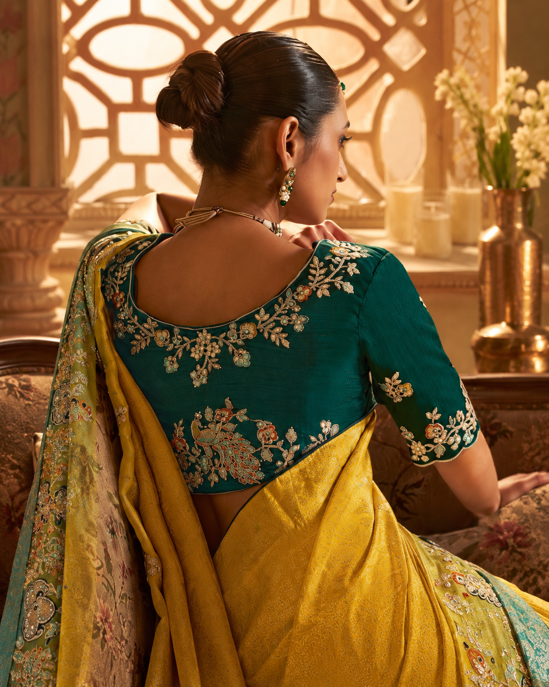 Mustard & Sea Green Designer Saree with Multicolour Peacock Border