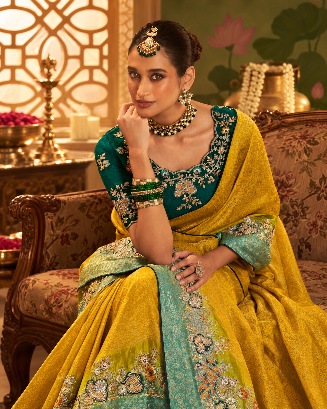 Mustard & Sea Green Designer Saree with Multicolour Peacock Border Secondary image