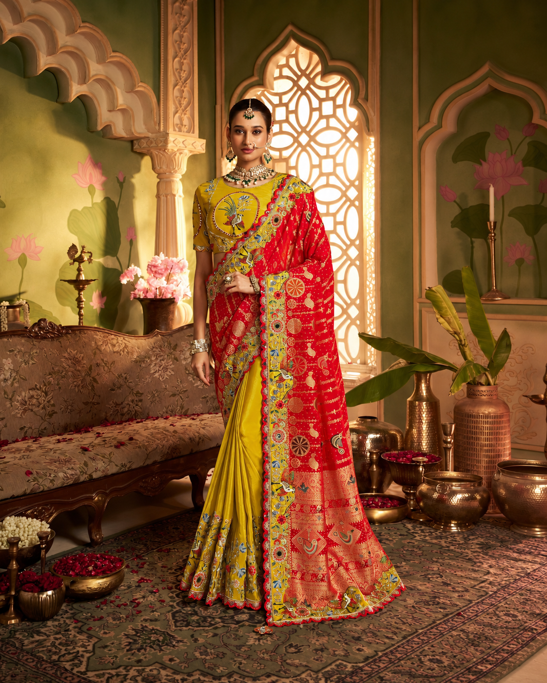 Regal Mustard Yellow & Crimson Red Saree with Exquisite Floral Main image