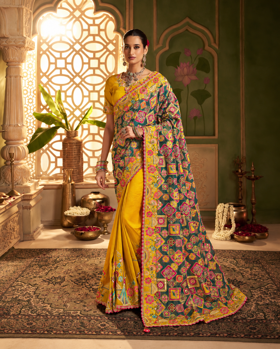 Mustard Yellow & Multicolour Patola Designer Saree Main image