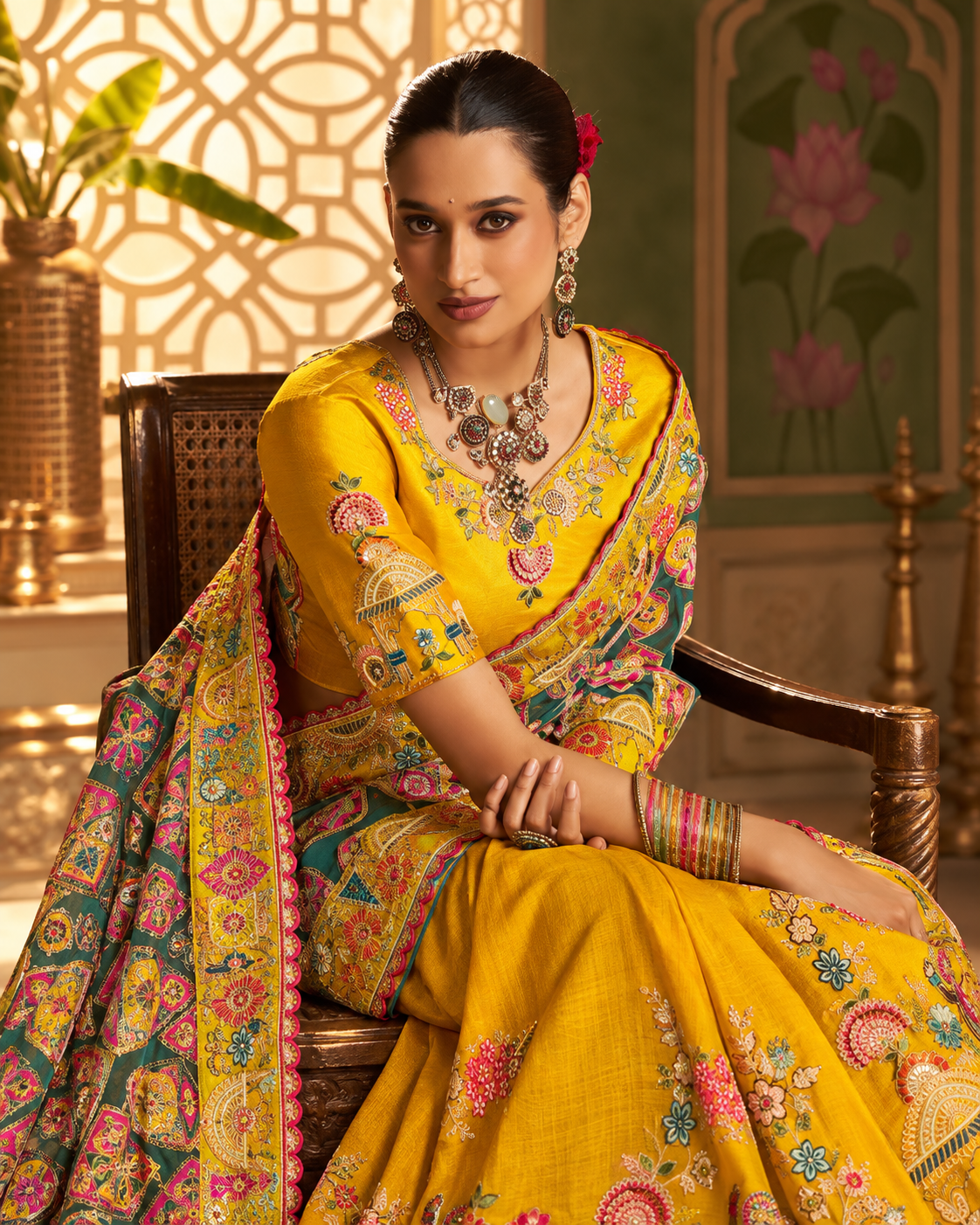 Mustard Yellow & Multicolour Patola Designer Saree